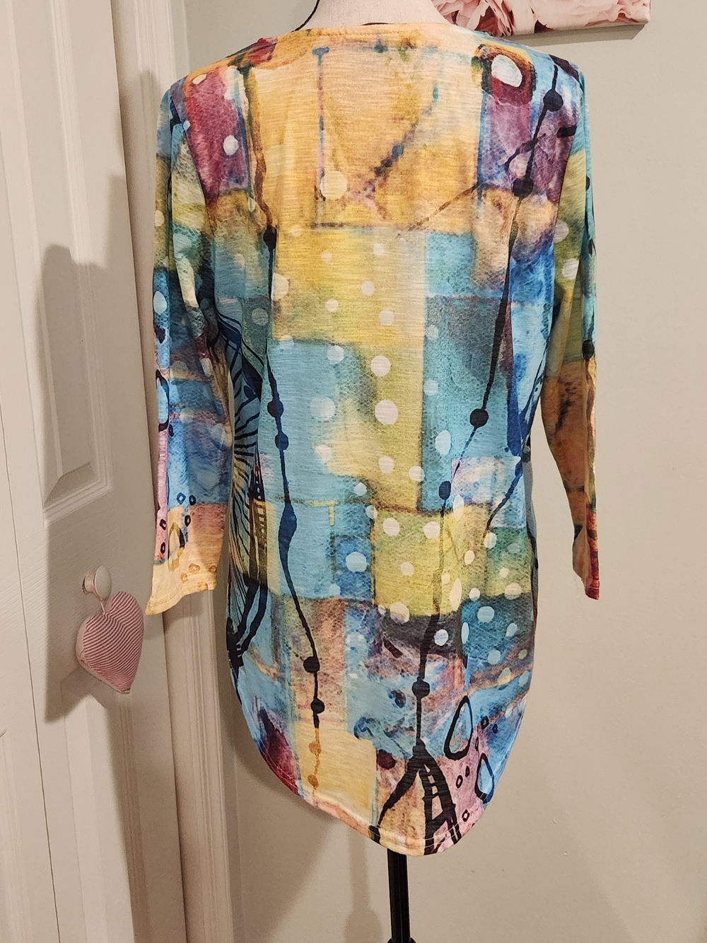 Abstract Multi-Color Scoop Neck Women's Blouse — Blue & Yellow Print - Picture 3 of 4